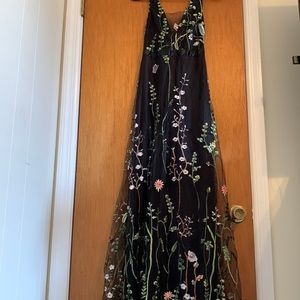 LONG BLACK SLIP DRESS WITH FLORAL CRINOLINE OVER SLIP DRESS - BACK ZIPPER